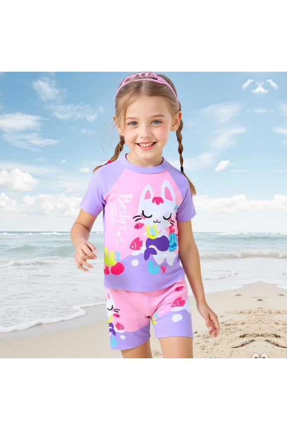 Girls Swimsuit Short Sleeve Tropical Print Quick Dry Tankini High Waist Boyshort Bathing Suit Summer Beach Casual 2 Piece Swimwear Red