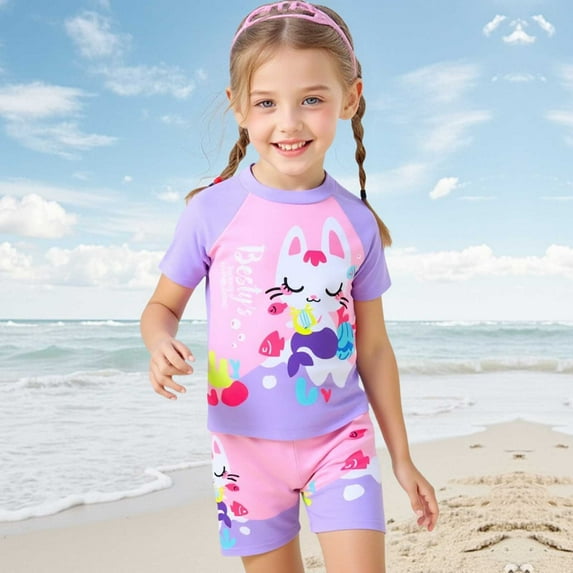 HOWPAY Girls Swimsuit Short Sleeve Tropical Print Quick Dry Tankini High Waist Boyshort Bathing Suit Summer Beach Casual 2 Piece Swimwear Red