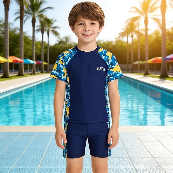 HOWPAY Girls Swimsuit Unisex Summer Color Block Short Sleeve Tops and Elastic Waist Boyshort Bathing Suit Quick Dry 2 Piece Swimwear Set Blue