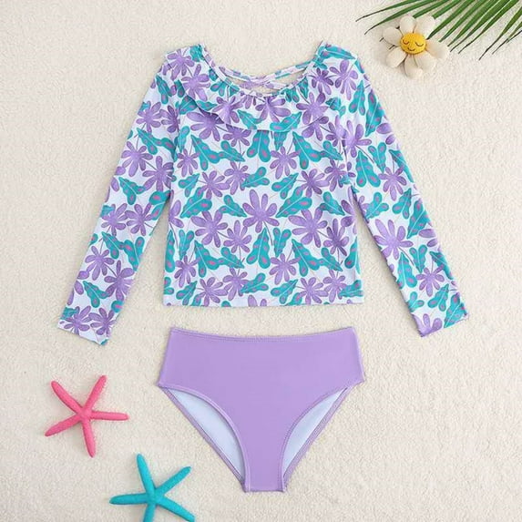 HOWPAY Girls Swimsuits 2 Piece Long Sleeve Rash Guard Swim Top with Bikini Bottom Bathing Suit Lightweight Summer Beach Swimwear Light Purple