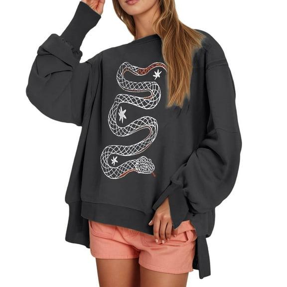 HOWPAY Graphic Sweatshirts for Women Oversized Crew Neck Long Sleeve Drop Shoulder Vintage Casual Loose Fit Pullover Tops Fall Y2k Clothes Black M