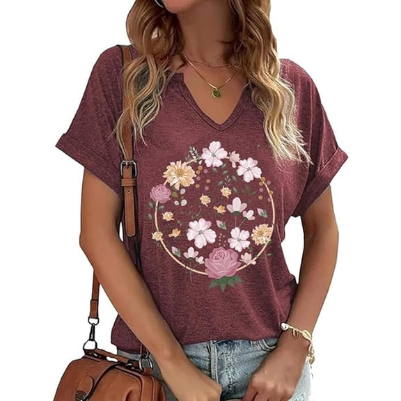 HOWPAY Graphic T Shirts for Women Boho Floral Short Sleeve V Neck Cute T Shirts Vintage Loose Fit Casual Oversized Tees Comfy Soft Fall Clothes M
