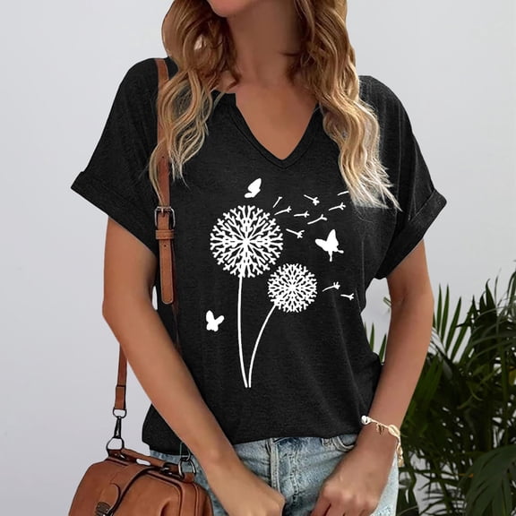 HOWPAY Graphic T Shirts for Women Boho Short Sleeve V Neck T Shirts Loose Fit Casual Vintage Floral Tee Tops Oversized Cozy Soft Fall Clothes Black M