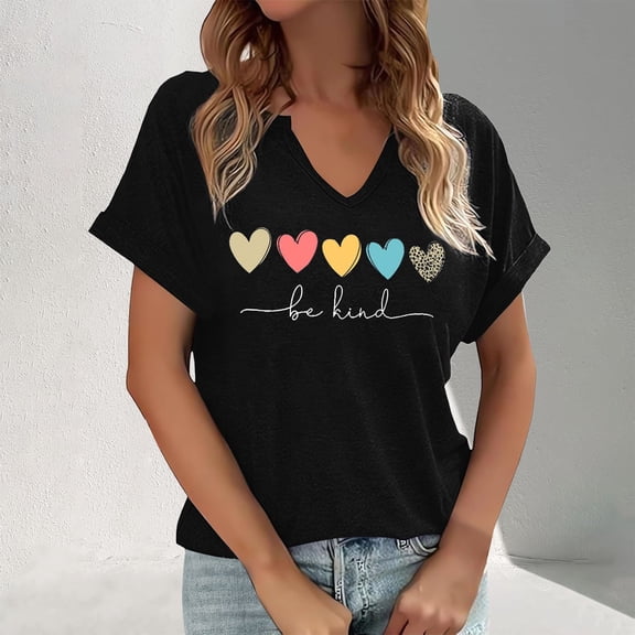 HOWPAY Graphic T Shirts for Women Short Sleeve V Neck T-Shirt Casual Loose Fit Vintage Tees Basic Oversized Cozy Soft Fall Clothes Black S