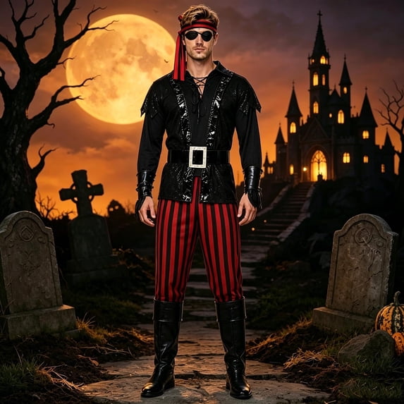 HOWPAY Halloween Costumes for Men Pirate Cosplay Outfit Caribbean Nautical Role Play Fancy Costume For Stage Masquerade Party Event Halloween Costumes S