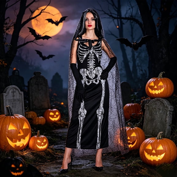 HOWPAY Halloween Costumes For Women Black Tulle Skeleton Ghost Bride Zombie Outfit Spooky Role Play Fancy Dress For Bar Masquerade Party Event Halloween Costume One Size