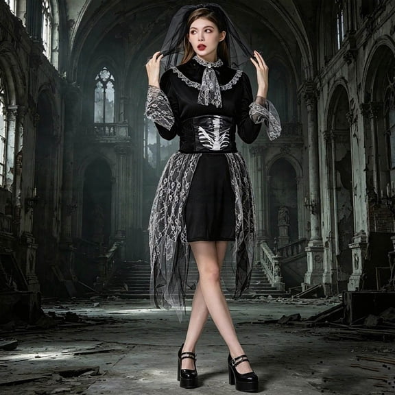 HOWPAY Halloween Costumes For Women Dark Lace Zombie Bride Cosplay Set Spooky Role Play Fancy Outfit For Masquerade Party Stage Performance Event Halloween Costume One Size