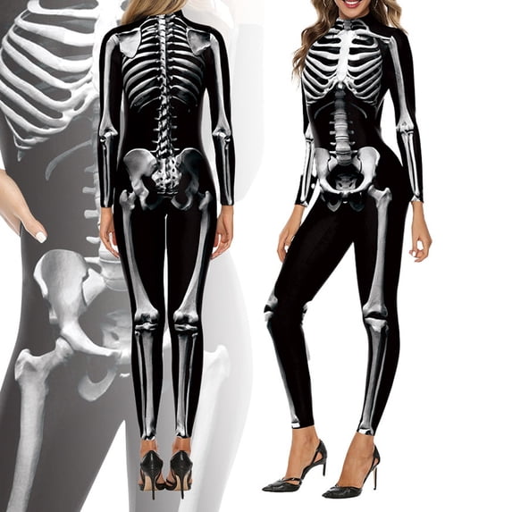 HOWPAY Halloween Costumes For Women Skeleton Print Bodysuit Digital Printed Jumpsuit Tight Stage Performance Outfit For Masquerade Party Event Halloween Costume M