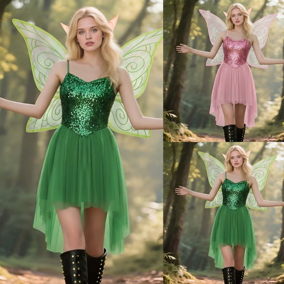 HOWPAY Halloween Dresses For Women Fairy Elf Cosplay Dress With Wings Cute Role Play Fancy Outfit For Halloween Christmas Holiday Party Event Halloween Costumes L