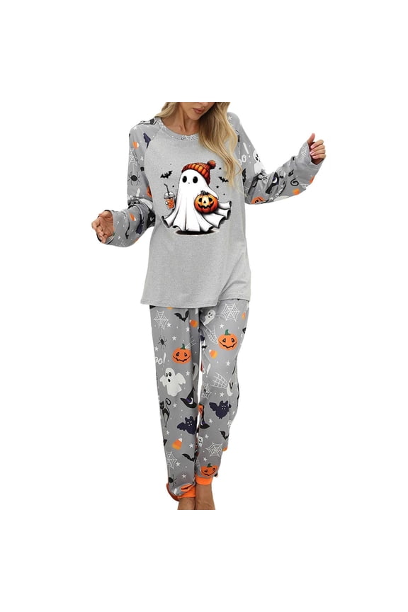 Halloween Pajamas Women Set Casual Ghost Pumpkin Graphic Long Sleeve Tops and Jogger Pants Outfits Comfy Soft Loungewear 2 Piece Pjs Sets Grey XL