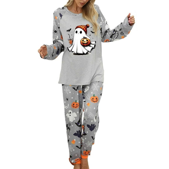 HOWPAY Halloween Pajamas Women Set Casual Ghost Pumpkin Graphic Long Sleeve Tops and Jogger Pants Outfits Comfy Soft Loungewear 2 Piece Pjs Sets Grey XL
