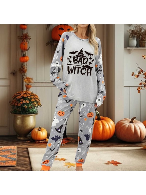 Halloween Pajamas Women Set Funny Ghost Graphic Long Sleeve Pullover with Pants 2 Piece Sleepwear Soft Comfy Lounge Set Grey XL
