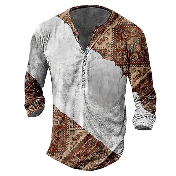 HOWPAY Henley Shirts for Men Long Sleeve Lightweight Printing Pullover Top Classic Casual Loose Fit Button down Shirts Oversized Fall Outfits Coffee XL