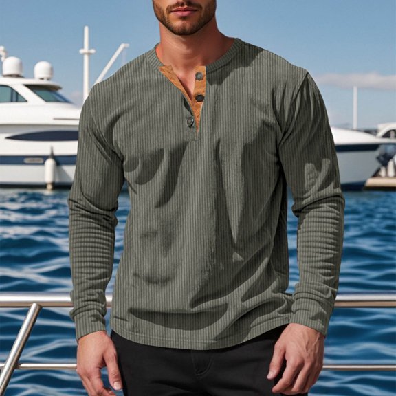 HOWPAY Henley Shirts for Men Long Sleeve Oversized Solid Color Button down Basic Tops Casual Loose Fit Tee Lightweight Comfy Fall Outfits Army Green L