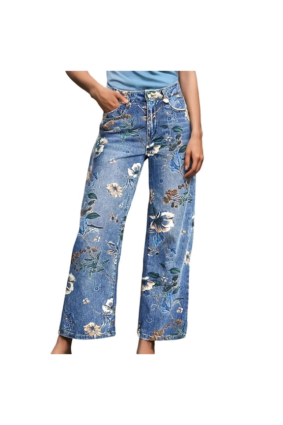 High-Rise Vintage Floral Straight Leg Pants for Women Summer Casual Denim Pants with Pockets Stretchy Loose Boyfriend Baggy Jeans Blue M