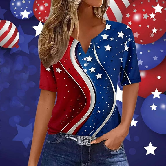 HOWPAY Independence Day T Shirts for Women 4th of July 3/4 Sleeve V Neck Blouse American Flag Patriotic Tops Casual Loose Y2K Clothes Blue M