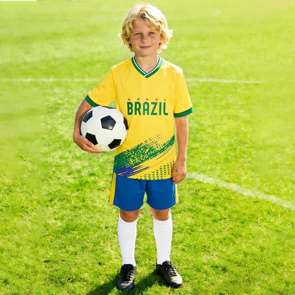 HOWPAY Kids Brazil Soccer for Boys Girls Youth Training Sports Fan Football Shirt for Children Brazil Activewear Yellow 11-12 Years