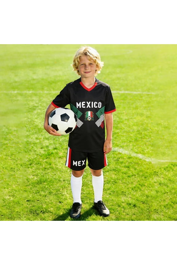Kids Mexico Soccer 2026 Boys Girls Youth Training Sports Fan Football Shirt Activewear Outfits Set Black 3-4 Years