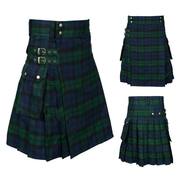 HOWPAY Kilt for Men Traditional Highland Scottish Tartan Utility Kilt with Adjustable Straps and Cargo Pockets Sports Tactical Retro Wear Green L