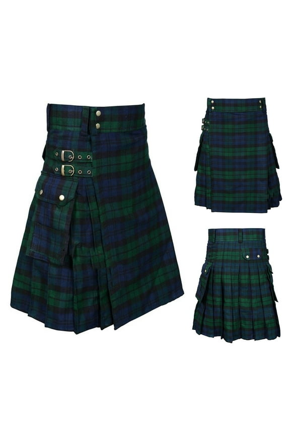 Kilt for Men Traditional Highland Scottish Tartan Utility Kilt with Adjustable Straps and Cargo Pockets Sports Tactical Retro Wear Green XXXL