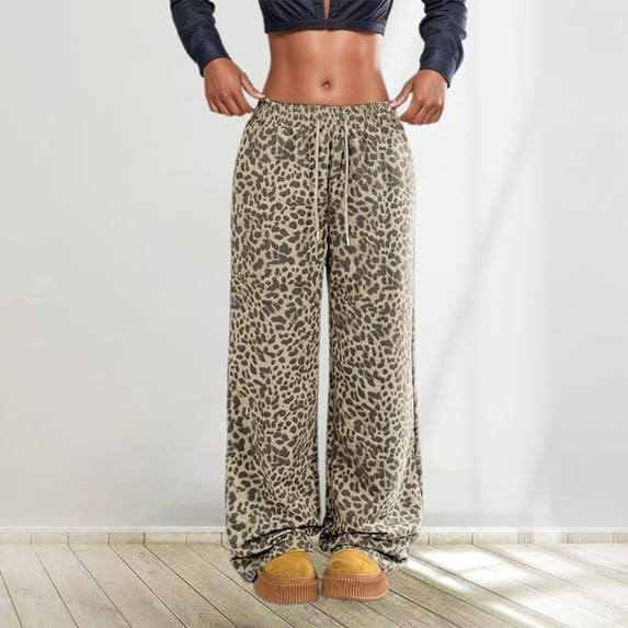 HOWPAY Leopard Print Pants for Women Casual Drawstring High Waist Wide Leg Loose Lounge Trousers with Pockets Comfy Baggy Sweatpants Khaki S