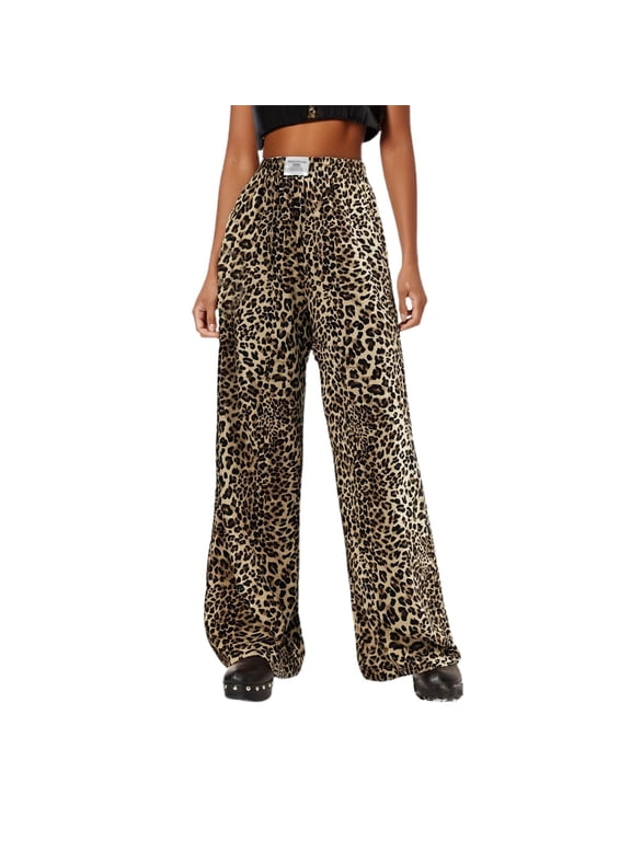 Leopard Print Womens Pants Straight Leg Pants Elastic Waist Y2k Palazzo Trousers Bottoms with Pockets Loose Fit Comfort Casual Slacks Coffee M