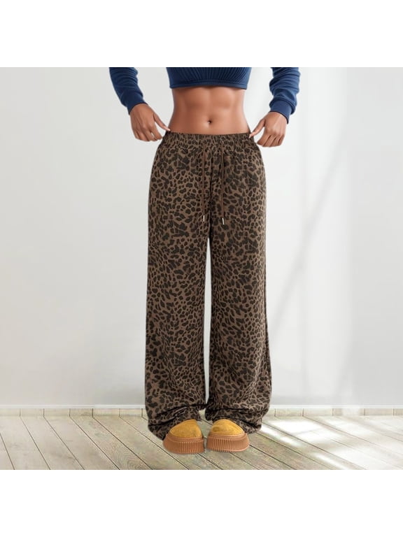 Leopard Sweatpants Women Baggy Wide Leg Pants with Pockets Drawstring Elastic High Waisted Cheetah Print Lounge Barrel Y2k Trousers Brown M