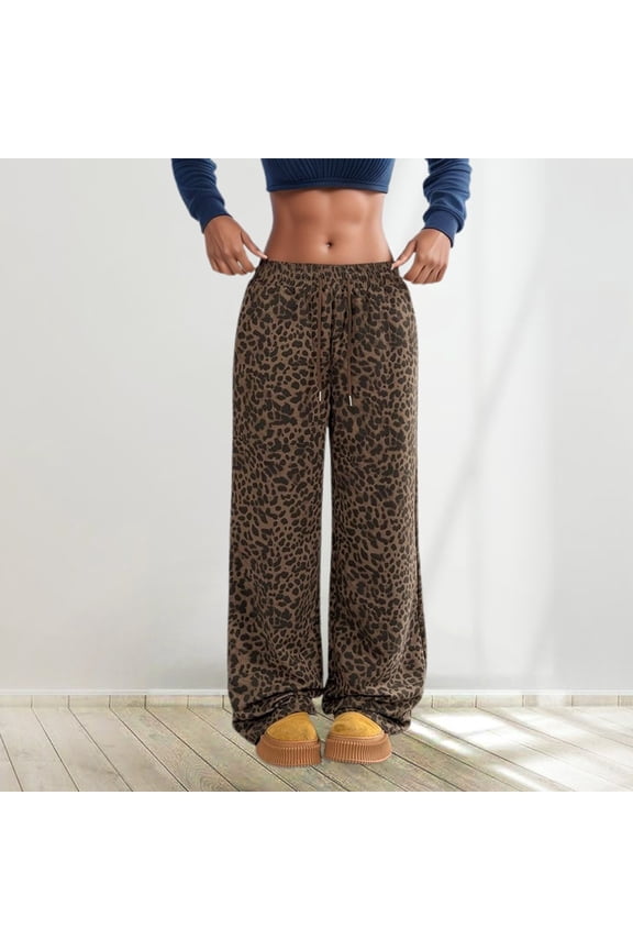 Leopard Sweatpants Women Baggy Wide Leg Pants with Pockets Drawstring Elastic High Waisted Cheetah Print Lounge Barrel Y2k Trousers Brown S