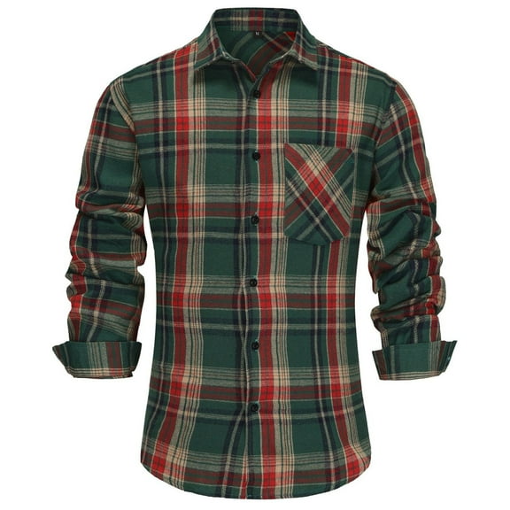 HOWPAY Lightweight Mens Shirts Plaid Button down Roll up Long Sleeve Blouse Retro Casual Loose Fit Collared Checkered Shirts Soft Cozy Fall Outfits Green M