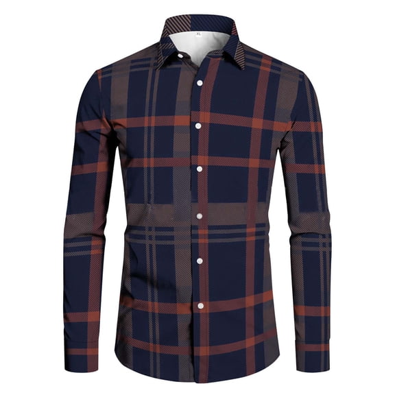 HOWPAY Lightweight Mens Shirts Plaid Button down Roll up Long Sleeve Checkered Shirts Regular Fit Oversized Casual Soft Tops Comfy Loose Fall Clothes Orange S