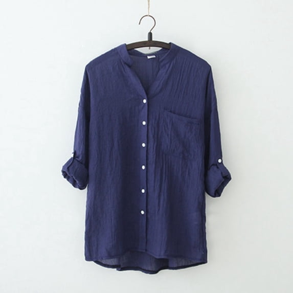 HOWPAY Linen Shirts for Women Summer Button down V Neck Shirts Office Long Sleeve Solid Color Tops Loose Fit Lightweight Casual Y2K Clothes Blue XXL