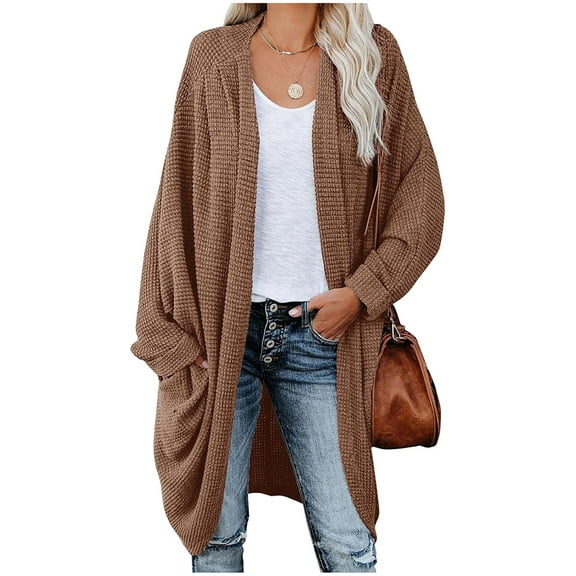 HOWPAY Long Cardigans for Women Open Front Long Sleeve Sweaters Knit Cable Solid Color Tops with Pockets Casual Classic Soft Y2K Fall Outfits Brown M