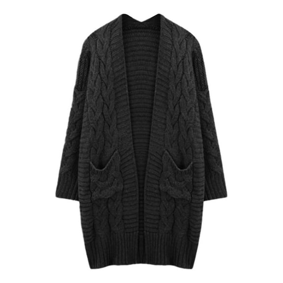 HOWPAY Long Cardigans for Women Solid Color Long Sleeve Sweaters Casual Loose Open Front Coat with Pockets Classic Soft Y2K Fall Outfits Black S