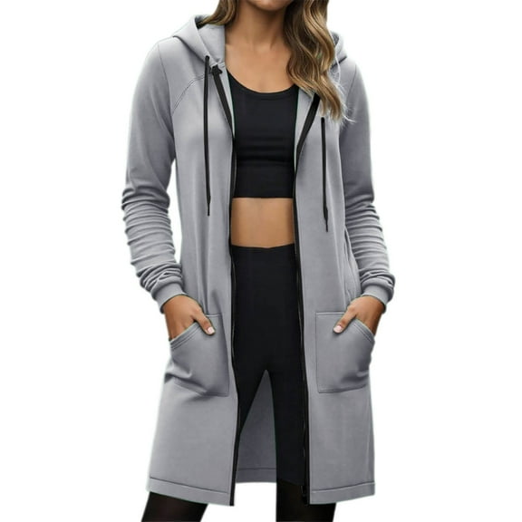 HOWPAY Long Hoodies for Women Zip up Long Sleeve Solid Color Pullover Hooded Sweatshirts Oversized Casual Comfortable Fall Jacket Coat with Pocket Light Gray L