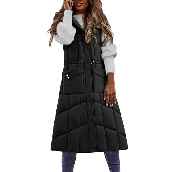 HOWPAY Long Puffer Vest Women Casual Quilted Packable Puffy Jacket Sleeveless Lightweight Zip up Solid Color Hooded Coat with Pockets Warm Outwear Black L