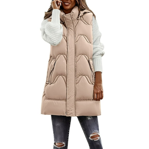 HOWPAY Long Puffer Vest Women Casual Sleeveless Lightweight Quilted Packable Puffy Jacket Solid Color Zip up Hooded Coat with Pockets Warm Winter Outerwear Khaki L