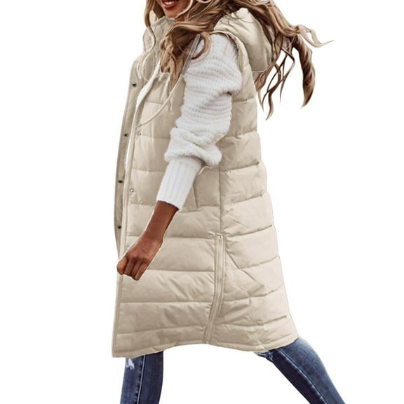 HOWPAY Long Puffer Vest Women Lightweight Quilted Packable Puffy Jacket Casual Sleeveless Zip up Solid Color Hooded Coat with Pockets Warm Winter Outerwear Khaki L