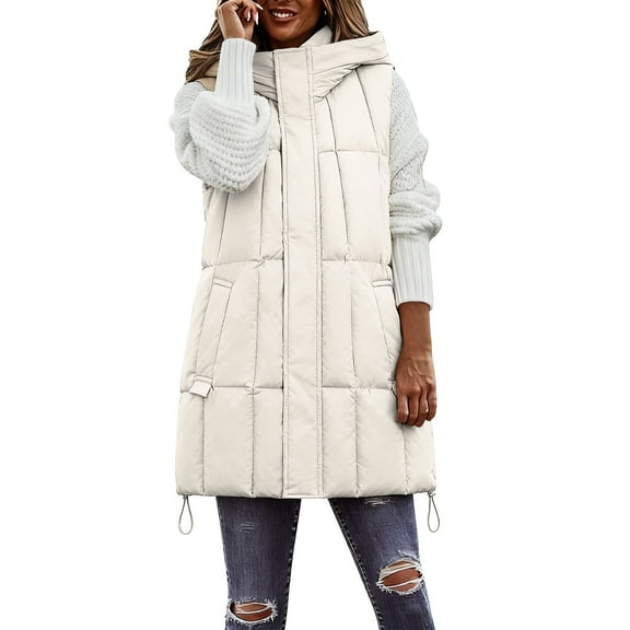 HOWPAY Long Puffer Vest Women Lightweight Sleeveless Quilted Packable Puffy Jacket Casual Zip up Hooded Solid Color Coat with Pockets Warm Winter Outerwear Beige M