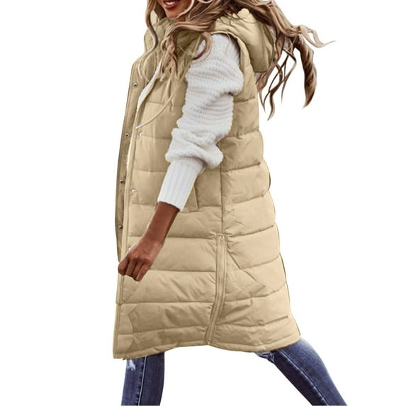 HOWPAY Long Puffer Vest Women Lightweight Zip up Solid Color Sleeveless Hooded Winter Puffy Jacket with Pockets Casual Warm Thick Quilted Coats WH2 M