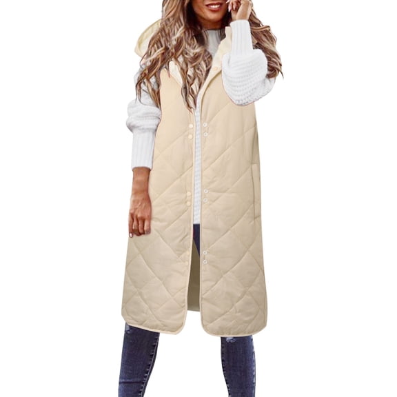HOWPAY Long Puffer Vest Women Quilted Lightweight Sleeveless Puffy Jacket Casual Packable Button down Hooded Coat with Pockets Solid Color Warm Winter Outerwear Beige XL