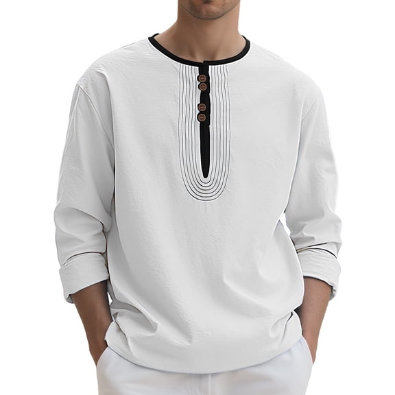 HOWPAY Long Sleeve Henley Shirts for Men Oversized Solid Color Classic Button down Top Casual Loose Fit Pullover Shirt Lightweight Fall Outfits White M