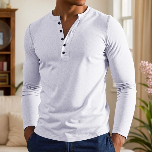 HOWPAY Long Sleeve Henley Shirts for Men Oversized Solid Color Button down Tees Casual Loose Fit Pullover Top Lightweight Comfy Fall Clothes White L