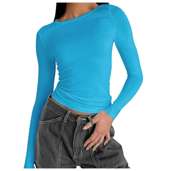 HOWPAY Long Sleeve Shirts for Women Round Neck Casual Basic Stretch Layering Tee Shirts Solid Color Slim Fit Tight Tops Lightweight Soft Y2K Clothes BU1 M