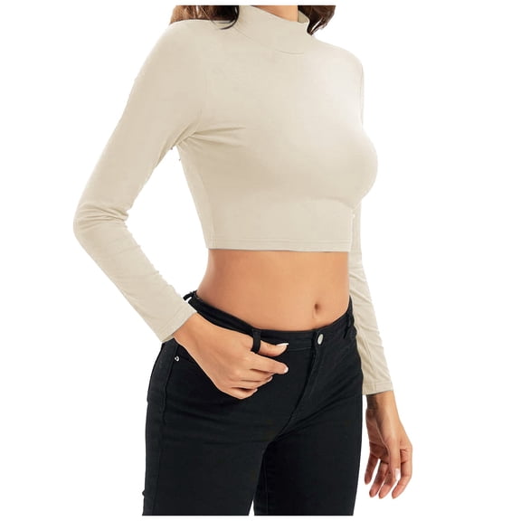 HOWPAY Long Sleeve Shirts for Women Round Neck Slim Fit Basic Tight Tees Layer Stretchy Solid Color Soft Underwear Tops Casual Lightweight Fall Clothes Beige M