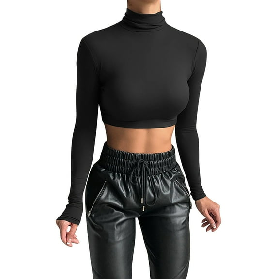 HOWPAY Long Sleeve Shirts for Women Soft Turtleneck Slim Fit Stretchy Crop Basic Tight Thermal Underwear Tops Casual Solid Color Going Out Y2K Clothes Black L