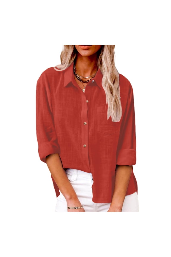 Long Sleeve Shirts for Women Button down Collared Business Dressy Casual Blouses Tops Solid Color Lightweight Office Fall Outfits Coffee XXL