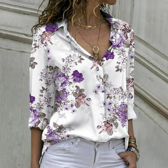 HOWPAY Long Sleeve Shirts for Women Button down Floral Print Loose Fit Classic Collared Business Casual Shirts Oversized Fall Clothes Purple XL