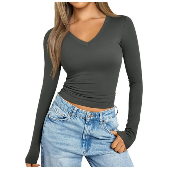 HOWPAY Long Sleeve Shirts for Women V Neck Slim Fit Basic Tight Undershirts Solid Color Lightweight Tee Tops Soft Stretchy Casual Y2K Clothes Grey M