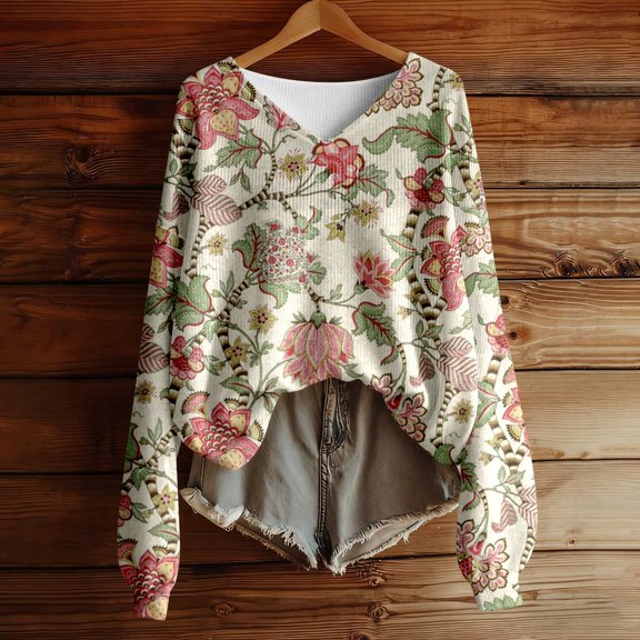 HOWPAY Long Sleeve Tops for Women V Neck Vintage Graphic Shirts Dressy Casual Basic Tunic Tees Lightweight Cozy Soft Y2K Clothes Pink S