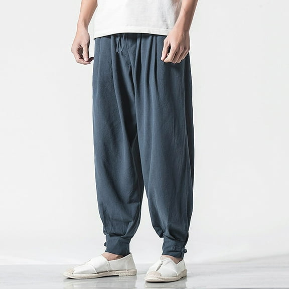 HOWPAY Lounge Pants Men Loose Fit Elastic Waist Workout Pants with Pockets Solid Color Wide Leg Comfy Soft Breathable Casual Slacks Navy M